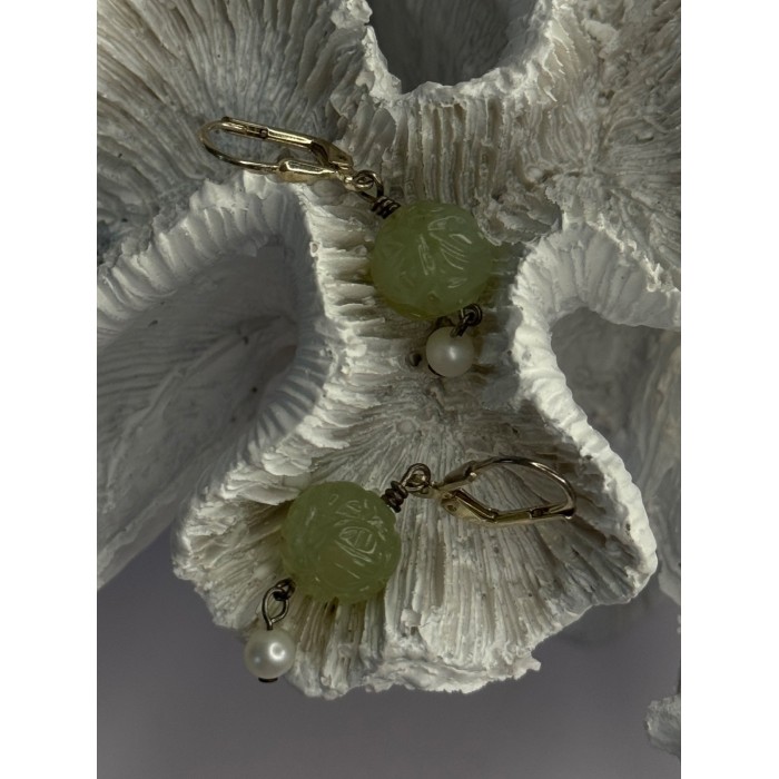 925 Sterling Silver Jade & Pearl Earrings Length 1.40 Inch