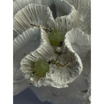 925 Sterling Silver Jade & Pearl Earrings Length 1.40 Inch