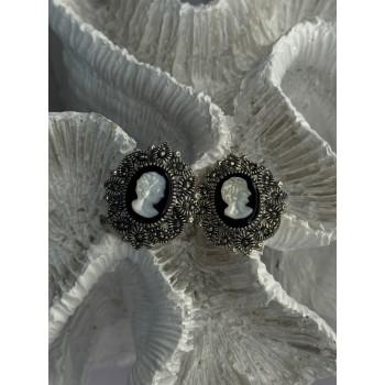 925 Sterling Silver Victorian Cameo Carved Shell Marcasite Earrings