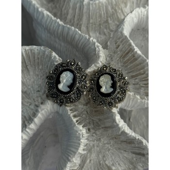 925 Sterling Silver Victorian Cameo Carved Shell Marcasite Earrings