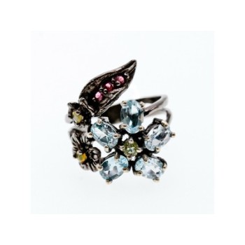 925 BLACKENED SILVER TOPAZ, GARNET, PERIDOT & OPAL RING SIZE 8