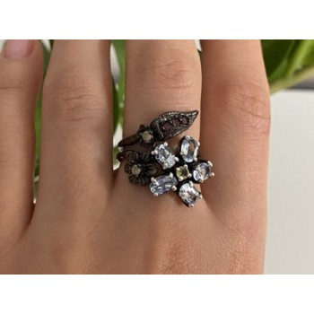 925 BLACKENED SILVER TOPAZ, GARNET, PERIDOT & OPAL RING SIZE 8