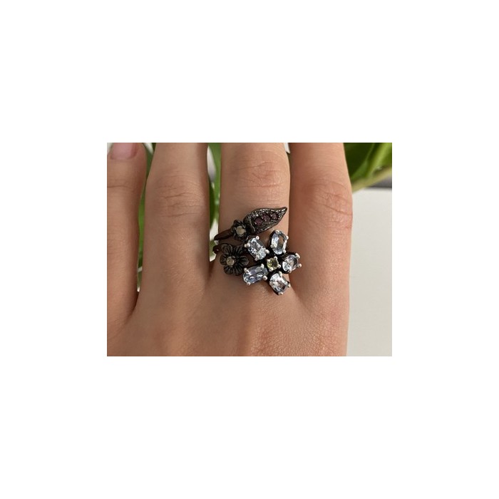 925 BLACKENED SILVER TOPAZ, GARNET, PERIDOT & OPAL RING SIZE 8