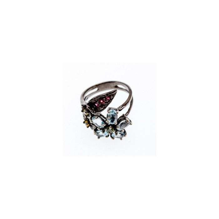 925 BLACKENED SILVER TOPAZ, GARNET, PERIDOT & OPAL RING SIZE 8