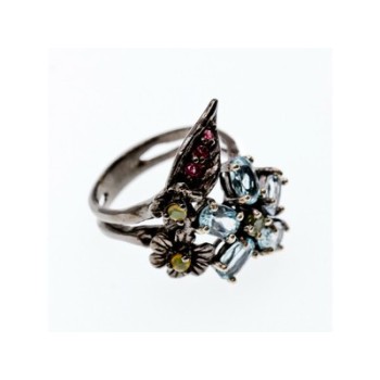 925 BLACKENED SILVER TOPAZ, GARNET, PERIDOT & OPAL RING SIZE 8