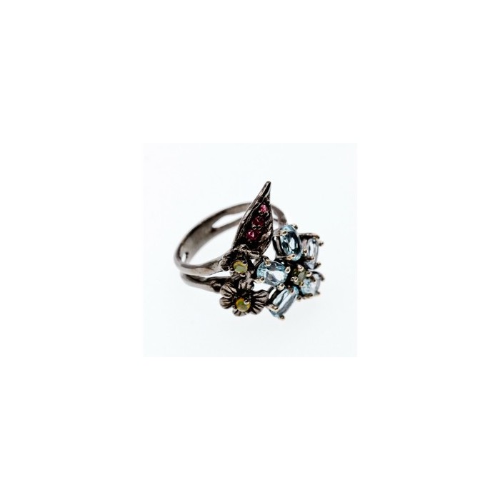 925 BLACKENED SILVER TOPAZ, GARNET, PERIDOT & OPAL RING SIZE 8