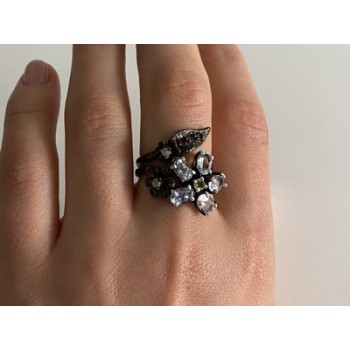 925 BLACKENED SILVER TOPAZ, GARNET, PERIDOT & OPAL RING SIZE 8