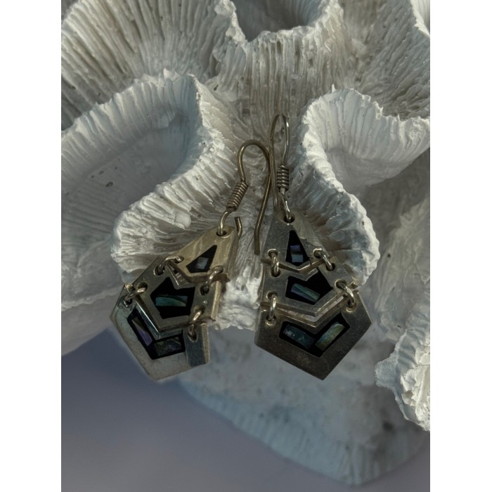 Vintage 925 Sterling Silver Onyx & Abalone Earrings Length 1.90 Inch