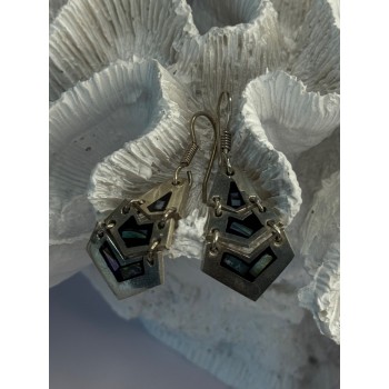 Vintage 925 Sterling Silver Onyx & Abalone Earrings Length 1.90 Inch