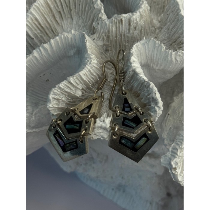 Vintage 925 Sterling Silver Onyx & Abalone Earrings Length 1.90 Inch