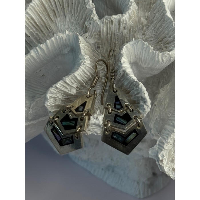 Vintage 925 Sterling Silver Onyx & Abalone Earrings Length 1.90 Inch