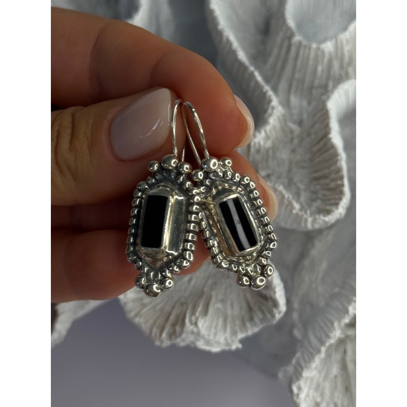 Vintage 925 Sterling Silver Onyx Earrings Length 1.50 Inch