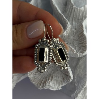 Vintage 925 Sterling Silver Onyx Earrings Length 1.50 Inch