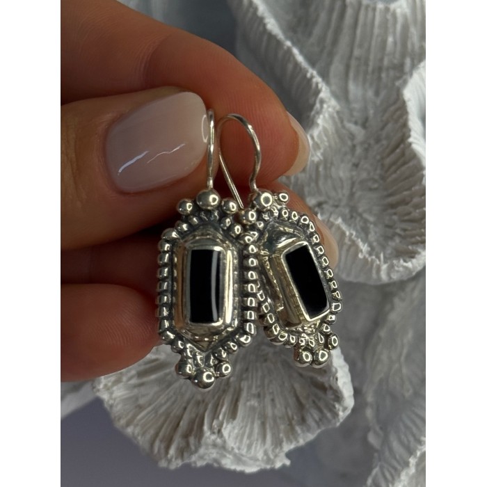Vintage 925 Sterling Silver Onyx Earrings Length 1.50 Inch