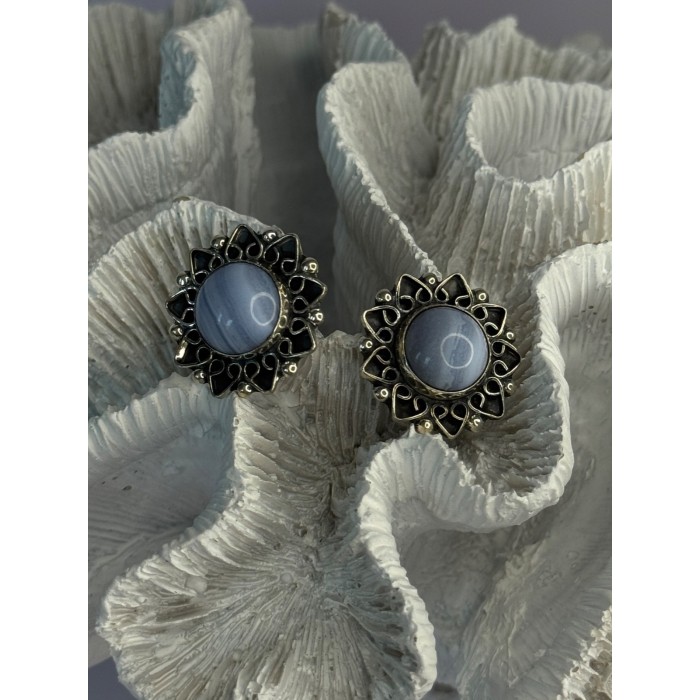 925 Sterling Silver Blue Agate Sun Earrings Length 0.90 Inch