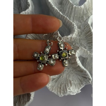 925 Sterling Silver Green Amber & Pearl Cross Earrings Length 1.50 Inch