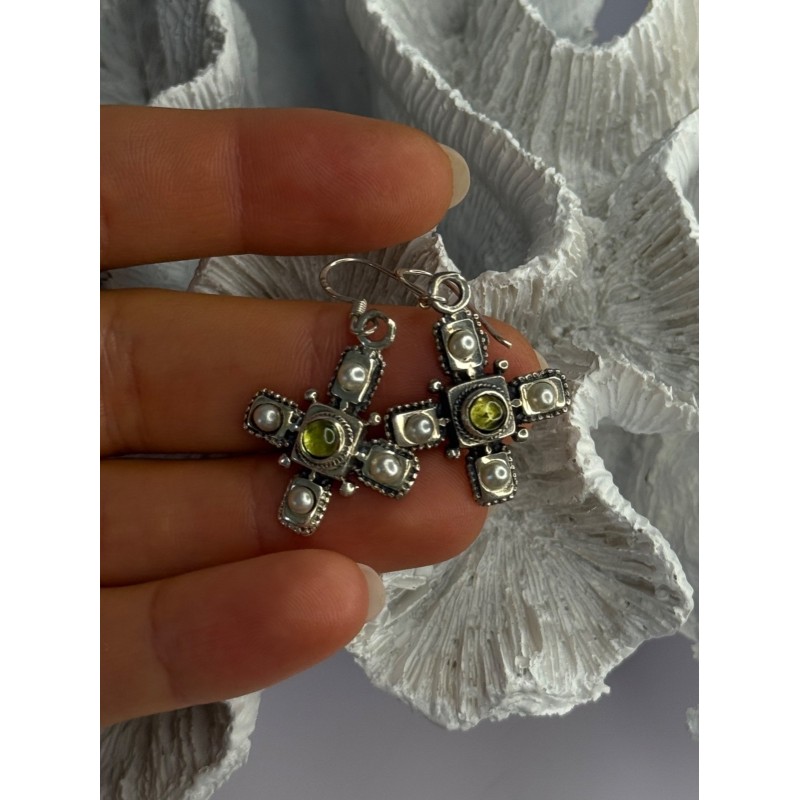 925 Sterling Silver Green Amber & Pearl Cross Earrings Length 1.50 Inch