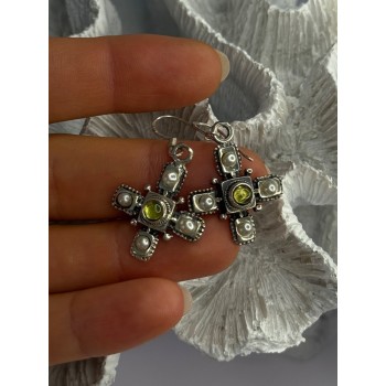925 Sterling Silver Green Amber & Pearl Cross Earrings Length 1.50 Inch