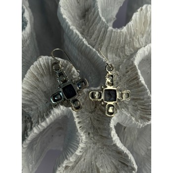 925 Sterling Silver Green Amber & Pearl Cross Earrings Length 1.50 Inch