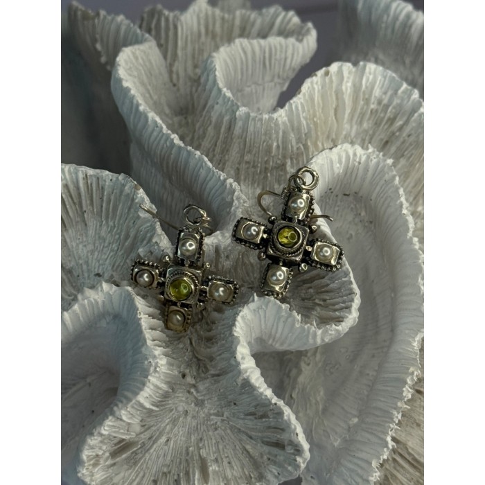 925 Sterling Silver Green Amber & Pearl Cross Earrings Length 1.50 Inch