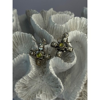 925 Sterling Silver Green Amber & Pearl Cross Earrings Length 1.50 Inch