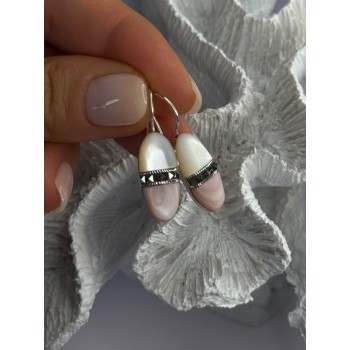 925 Sterling Silver Abalone & Marcasite Earrings Length 1.25 Inch