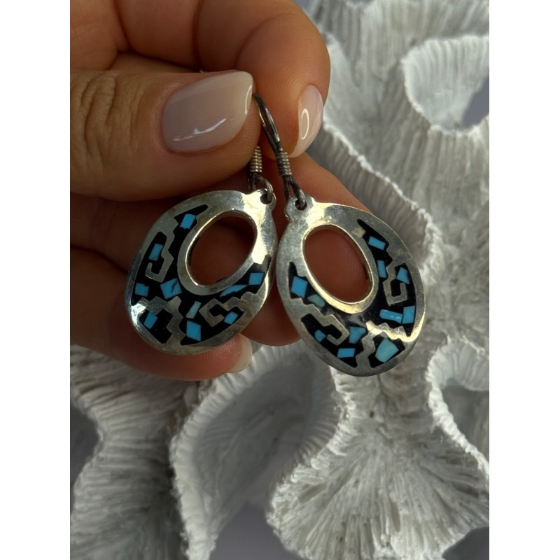 Vintage 925 Sterling Silver Onyx & Turquoise Earrings Length 1.90 Inch