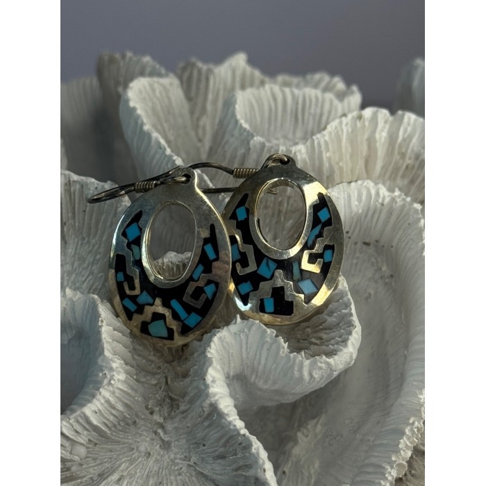 Vintage 925 Sterling Silver Onyx & Turquoise Earrings Length 1.90 Inch