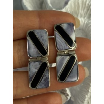 Vintage 925 Sterling Silver Agate & Onyx Earrings Length 1.50 Inch