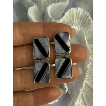 Vintage 925 Sterling Silver Agate & Onyx Earrings Length 1.50 Inch