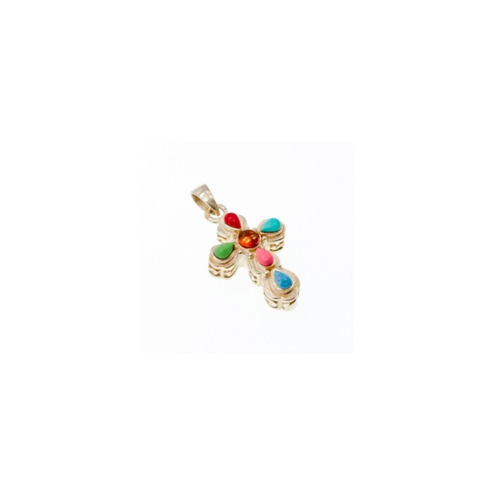 925 Sterling Silver Multicolor Agate Cross Pendant
