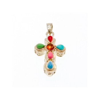 925 Sterling Silver Multicolor Agate Cross Pendant