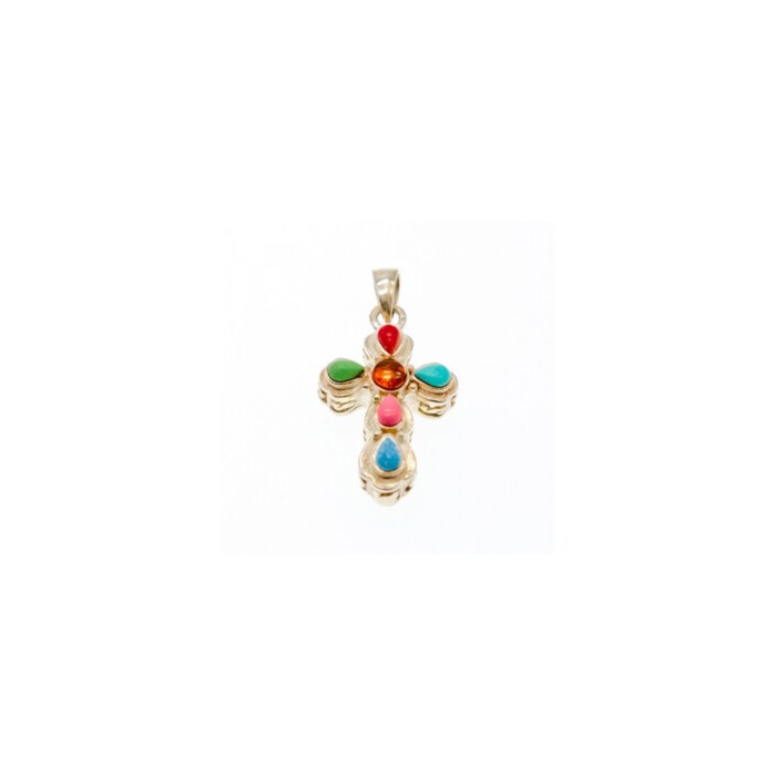 925 Sterling Silver Multicolor Agate Cross Pendant