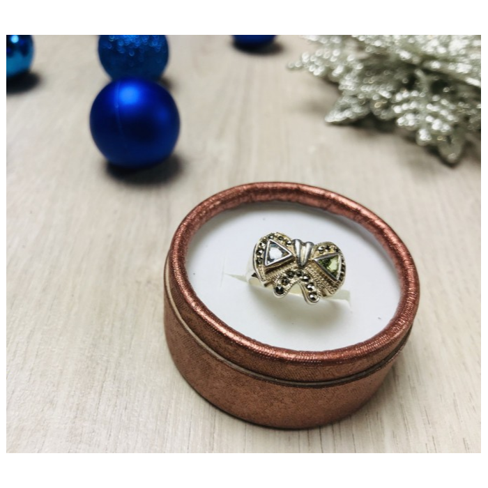 925 Sterling Silver Blue Topaz, Green Peridot & Marcasites Ring Size 6.5