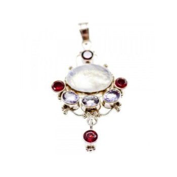 925 STERLING SILVER MOONSTONE, AMETHYST & GARNET PENDANT