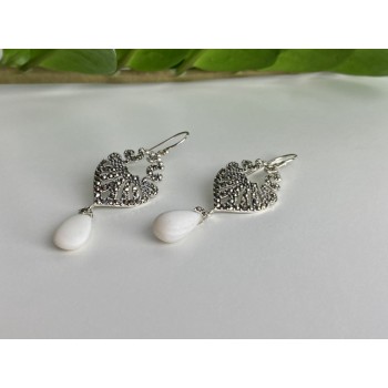 925 STERLING SILVER MOTHER OF PEARL & MARCASITES EARRINGS