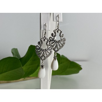 925 STERLING SILVER MOTHER OF PEARL & MARCASITES EARRINGS