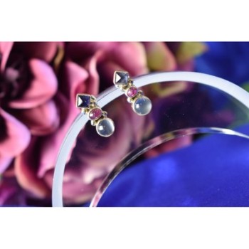 925 Sterling Silver Moonstone, Sapphire & Ruby Stud Earrings