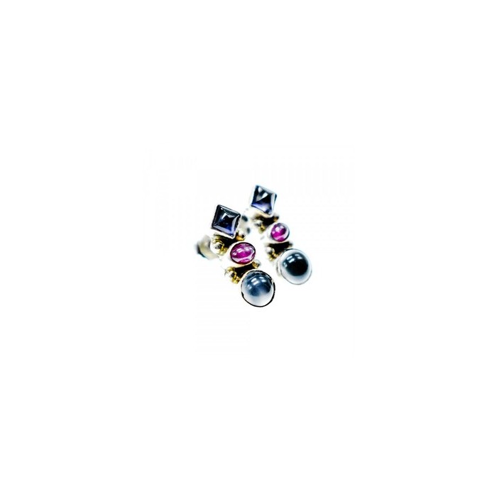 925 Sterling Silver Moonstone, Sapphire & Ruby Stud Earrings