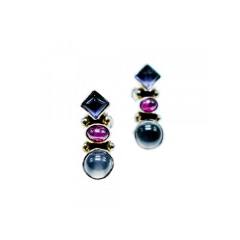 925 Sterling Silver Moonstone, Sapphire & Ruby Stud Earrings