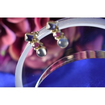 925 Sterling Silver Moonstone, Sapphire & Ruby Stud Earrings