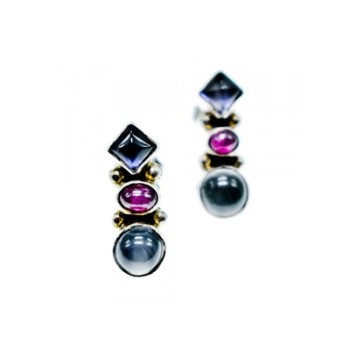 925 Sterling Silver Moonstone, Sapphire & Ruby Stud Earrings