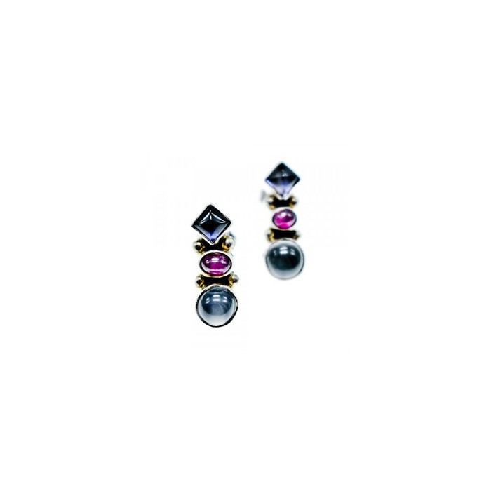 925 Sterling Silver Moonstone, Sapphire & Ruby Stud Earrings