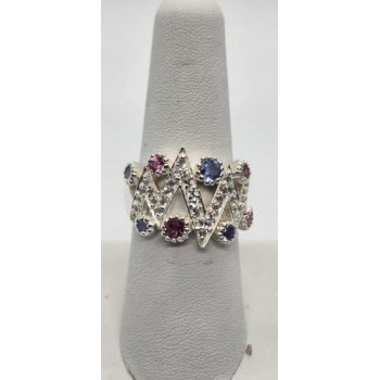 925 Sterling Silver With Morganite, Iolite & Goshenite Ring Size 8