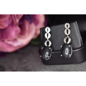 925 Sterling Silver Black Tourmaline & Clear Quartz Inlays Stud Earrings