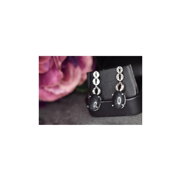 925 Sterling Silver Black Tourmaline & Clear Quartz Inlays Stud Earrings