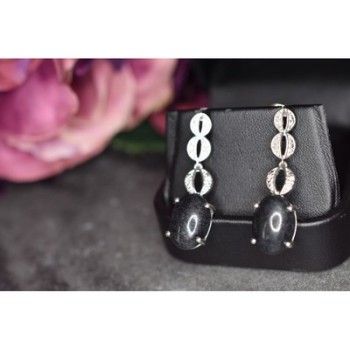 925 Sterling Silver Black Tourmaline & Clear Quartz Inlays Stud Earrings