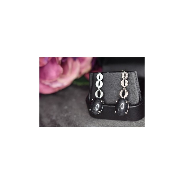 925 Sterling Silver Black Tourmaline & Clear Quartz Inlays Stud Earrings